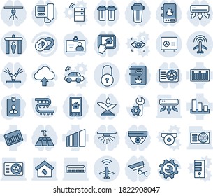 Blue tint and shade editable vector line icon set - plane radar vector, security gate, safe, lock, identity card, drip irrigation, sorting, barcode, chain, root setup, air conditioner, smart home
