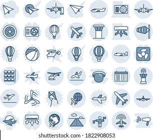Blue tint and shade editable vector line icon set - plane vector, airport tower, departure, wind, helicopter, seat map, globe, traffic controller, runway, radar, arrival, boarding passengers, small