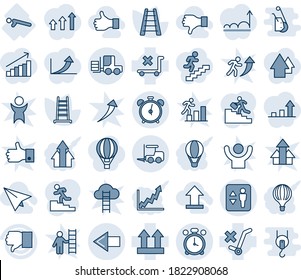 Blue tint and shade editable vector line icon set - elevator vector, alarm clock, left arrow, fork loader, ladder, push ups, up side sign, no trolley, finger down, career, uplooad, like, dislike