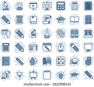 Blue tint and shade editable vector line icon set - contract vector, book, calculator, graduate, abacus, desk, notepad, presentation board, pencil, microscope, lab, bladder, notes, copybook, ink pen