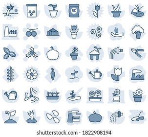 Blue tint and shade editable vector line icon set - holly vector, rowanberry, factory, flower in pot, seedling, watering can, sproute, pruner, pumpkin, greenhouse, seeds, pond, fertilizer, carrot