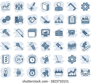 Blue tint and shade editable vector line icon set - alarm clock vector, 24 hours, team, desk, rake, ripper, settings, money bag, clipboard, monitor statistics, drawing pin, blank box, support, gear