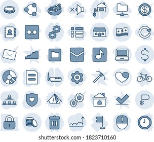 Blue tint and shade editable vector line icon set - mouse vector, document, circle chart, house, heart shield, bike, flag, route, laptop pc, mail, record, folder, music, dollar, ruble, coin, cash