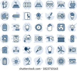 Blue tint and shade editable vector line icon set - tv vector, bulb, ripper, battery, low, rca, charge, money torch, desk lamp, heater, air conditioner, fridge, home control, power plug, fan, water