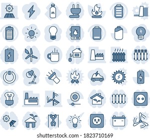 Blue tint and shade editable vector line icon set - hot cup vector, bulb, fire, pull ups, milk, battery, low, torch, brightness, charge, desk lamp, sun panel, windmill, heater, factory, home control