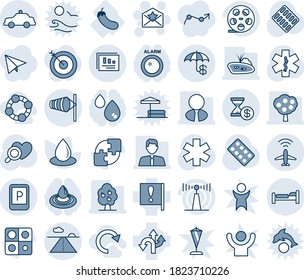 Blue tint and shade editable vector line icon set - plane radar vector, bed, wind, runway, parking sign, safety car, star letter, water drop, heart diagnostic, pills blister, ambulance, eggplant