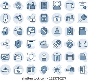 Tinta azul y sombra editable conjunto de iconos de línea vector - vectores de valla, barrera, control de pasaportes, puerta de seguridad, vehículo de alarma, bomba en caso, sello, zona vip, terrorismo, cono de carretera, bloqueo, tarjeta de identidad, manguera