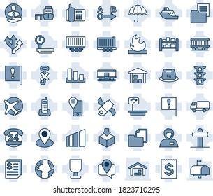 Blue tint and shade editable vector line icon set - route vector, signpost, earth, pin, railroad, important flag, plane, satellite, traffic light, office phone, 24 hours, support, client, receipt