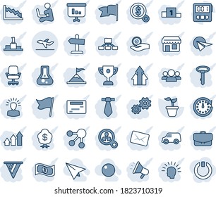 Blue tint and shade editable vector line icon set - departure vector, seedling, stopwatch, record, paper plane, consumer search, group, arrow up graph, gear, shining head, motivation, clock, pennon
