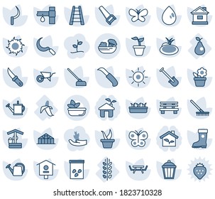 Blue tint and shade editable vector line icon set - flower in pot vector, shovel, rake, ladder, seedling, watering can, wheelbarrow, boot, saw, butterfly, house, water drop, sun, well, hoe, sickle