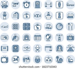 Blue tint and shade editable vector line icon set - antenna vector, fence, barrier, spoon and fork, cafe, 24 around, passport control, alarm clock, signpost, male, female, tv, vip, ticket, baby
