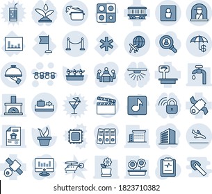 Blue tint and shade editable vector line icon set - fence vector, arrival, baggage conveyor, male wc, officer window, plane globe, garland, office building, statistic monitor, seedling, statistics