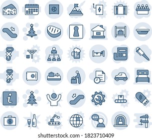 Blue tint and shade editable vector line icon set - baggage conveyor vector, female, reception, escalator up, down, baby room, hotel, christmas tree, hierarchy, pen, meeting, term, no hook, speaker