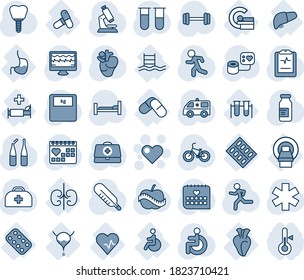 Blue tint and shade editable vector line icon set - heart vector, monitor pulse, doctor case, blood pressure, test vial, thermometer, microscope, scales, ampoule, ambulance star, car, barbell, bike
