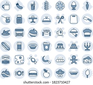 Blue tint and shade editable vector line icon set - hot cup vector, cake man, candy, tea, santa stick, coffee, sickle, pills bottle, diet, carrot, lemon slice, eggplant, spica, restaurant table, dog