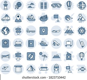 Blue tint and shade editable vector line icon set - departure vector, baggage trolley, signpost, passport, bed, flight table, airport tower, suitcase, train, truck, trap, small plane, seats, globe