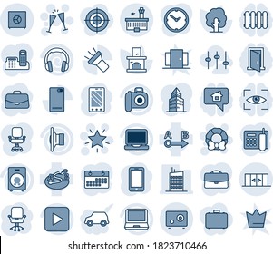 Blue tint and shade editable vector line icon set - automatic doors vector, airport building, christmas star, wreath, wine glasses, mobile phone, office chair, case, tree, fireplace, route, camera