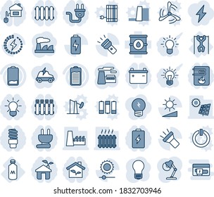 Blue tint and shade editable vector line icon set - bulb vector, factory, pull ups, milk, oil barrel, battery, low, torch, brightness, charge, desk lamp, sun panel, heater, home control, eco house