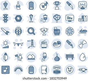 Blue tint and shade editable vector line icon set - snowmobile vector, flag garland, pennant, statistic monitor, water drop, bench, dropper, broken bone, hospital building, counter, lemon slice, saw