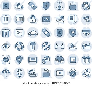 Blue tint and shade editable vector line icon set - plane radar vector, fence, passport control, security gate, trash bin, safe, safety car, hose, patch, heart shield, hand, medical, umbrella, lock