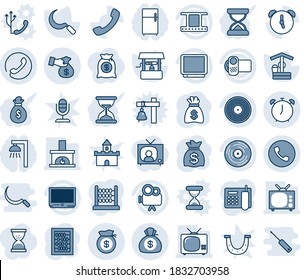 Tinta azul y sombra editable conjunto de iconos de línea vector - vector de teléfono, reloj despertador, abacus, bolso de dinero, bueno, hoz, marco de película, vinilo, tv, cámara de video, llamada, casquillo, oficina, chimenea, lámpara al aire libre