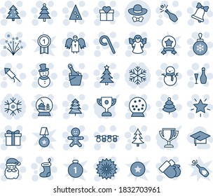 Blue tint and shade editable vector line icon set - christmas tree vector, firework, gift, santa claus, sock, ball, garland, star, bell, gloves, cake man, snowman, lollipop, rocket, angel, wine