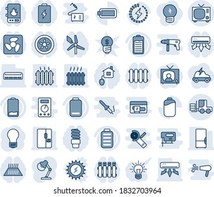 Blue tint and shade editable vector line icon set - tv vector, fork loader, bulb, battery, low, charge, desk lamp, heater, air conditioner, fridge, home control, fan, water, radiator, warm floor