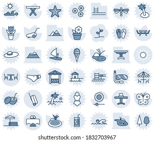 Blue tint and shade editable vector line icon set - cafe vector, sun, suitcase, flower in pot, lawn mower, butterfly, pond, picnic table, brightness, pool, mountains, restaurant, alcove, sproute