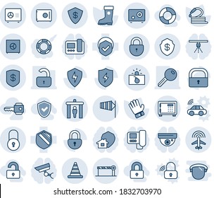 Blue tint and shade editable vector line icon set - security gate vector, safe, lock, plane radar, barrier, terrorism, road cone, side wind, glove, boot, hose, shield, protect, key, locked, unlocked
