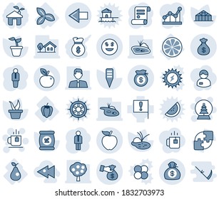 Blue tint and shade editable vector line icon set - left arrow vector, tea, snowball tree, manager, contract, seedling, plant label, greenhouse, pond, fertilizer, three leafs, lemon slice, pear, eco