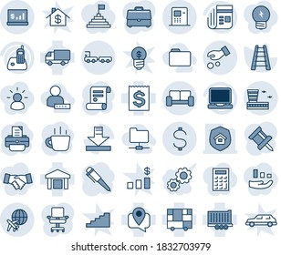 Conjunto de iconos de línea de vector editable de tonos azules y sombras - vectores de área de espera vip, camión de equipaje, globo de avión, construcción de aeropuerto, bolígrafo, café, impresora, contrato, escalera, rastreo móvil, remolque, recibo
