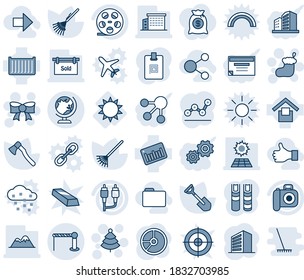 Blue tint and shade editable vector line icon set - barrier vector, globe, christmas tree, sock, bow, office building, circle chart, shovel, rake, axe, sun, cargo container, warehouse storage, reel