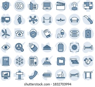 Blue tint and shade editable vector line icon set - fence vector, waiting area, bed, plane, glove, garden knife, greenhouse, dropper, hospital, pregnancy, signpost, office phone, consolidated cargo
