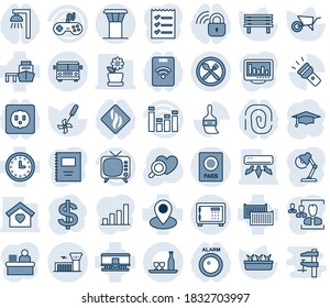 Blue tint and shade editable vector line icon set - airport tower vector, bus, passport, safe, building, dollar sign, graduate, wheelbarrow, seedling, bench, ripper, heart diagnostic, pin, clock, tv