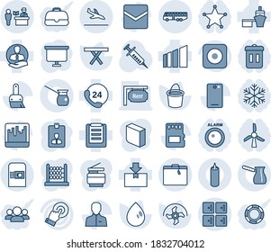 Blaue und schattige Vektorsymbol-Set - Ankunftsvektorsymbol, Koffer, Flughafenbus, Kaffeemaschine, Passkontrolle, Kontrollraum, Personalausweis, Präsentationsbrett, Eimer, Wassertropfen
