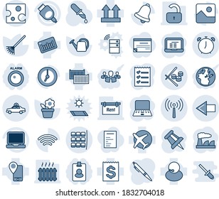 Blue Tint And Shade Editable Vector Line Icon Set - Antenna Vector, Alarm Car, Left Arrow, Seat Map, Clock, Notebook Pc, Drawing Pin, Factory, Flower In Pot, Rake, Watering Can, Dropper, Plane, Hdmi