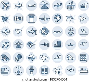Blue tint and shade editable vector line icon set - plane vector, airport tower, runway, radar, departure, arrival, ticket, ladder car, boarding, seat map, globe, building, traffic controller, small
