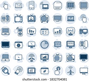 Tinta azul y sombra editable conjunto de iconos de línea vector - vector de radar de plano, portátil inalámbrico, pc, monitor estadístico, pulso, diagnóstico, tv, pantalla táctil, portátil, hdmi, estadísticas de cuenta, mano, cursor