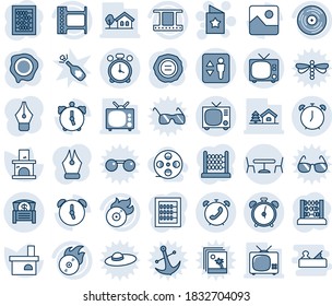 Blue tint and shade editable vector line icon set - elevator vector, alarm clock, tv, cafe, phone, star postcard, abacus, stamp, fireplace, film frame, vinyl, flame disk, gallery, money chest, coil