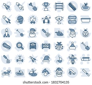 Blue tint and shade editable vector line icon set - trap truck vector, santa claus, christmas hat, sleigh, garden fork, shovel, lady bug, pond, bacteria, stomach, medical mask, rack, money chest