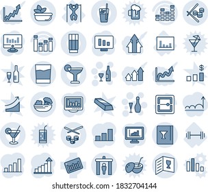 Blue tint and shade editable vector line icon set - security gate vector, wine, growth statistic, monitor, barbell, pull ups, statistics, barcode, equalizer, scanner, bar graph, card, drink, phyto