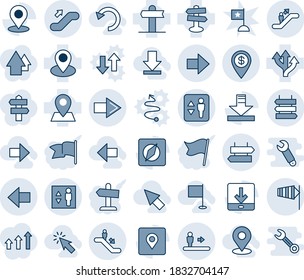 Blue tint and shade editable vector line icon set - elevator vector, escalator, signpost, right arrow, up, sign post, left, side wind, route, pin, download, place tag, compass, dollar, cursor, undo
