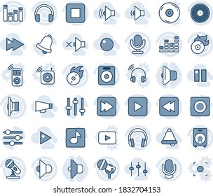 Blue tint and shade editable vector line icon set - vinyl vector, flame disk, microphone, speaker, equalizer, headphones, play button, stop, fast forward, rewind, tuning, bell, record, music, low