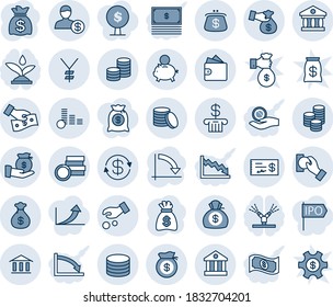 Blue tint and shade editable vector line icon set - money bag vector, crisis graph, yen, coin, dollar exchange, bank, account, piggy, investment, cash pay, encashment, wallet, check, purse, tree