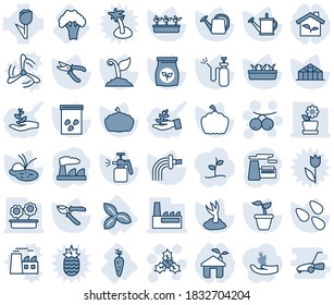 Blue tint and shade editable vector line icon set - holly vector, rowanberry, factory, seedling, watering can, sproute, pruner, pumpkin, greenhouse, seeds, pond, garden sprayer, fertilizer, carrot