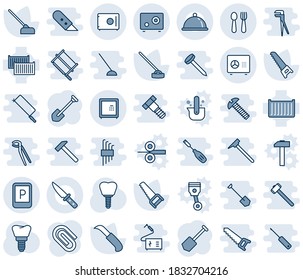 Blue tint and shade editable vector line icon set - parking sign vector, spoon and fork, safe, job, saw, hoe, garden knife, implant, cargo container, paper clip, dish, piston, casting of steel, nail