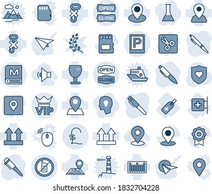 Blue tint and shade editable vector line icon set - parking vector, no mobile, vip, pen, heart shield, first aid room, medical label, navigation, pin, fragile, up side sign, hook, barcode, sd, cut