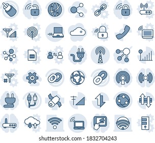 Conjunto de iconos de línea de vector editable de tonos azules y sombras - vector portátil inalámbrico, antena, conexión, satélite, red, cadena, rca, llamada, intercambio de datos, señal celular, engranaje, compartimento, enchufe de potencia, bloqueo