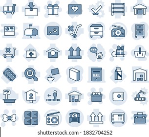 Blue tint and shade editable vector line icon set - safe vector, checkroom, travolator, gift, bow, sleigh, bird house, first aid kit, doctor bag, pills blister, milk, cereal, cargo, up side sign