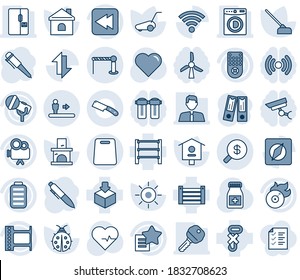 Blue Tint And Shade Editable Vector Line Icon Set - Barrier Vector, Escalator, Office Binder, Pen, Lawn Mower, Lady Bug, House, Sun, Hoe, Fireplace, Bird, Heart, Pulse, Pills Bottle, Container, Rack